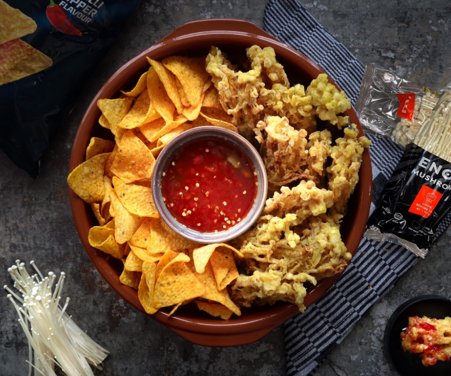 DEEP FRIED M. ENOKI WITH NACHO'S & CHILI SAUCE
